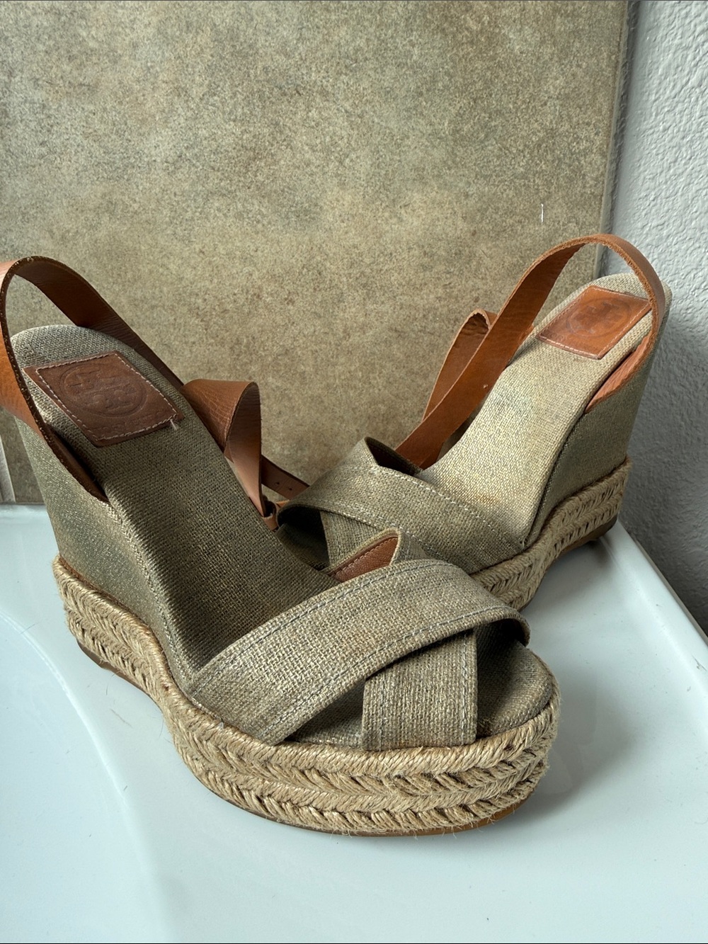 Tory Burch Natural Linen Cross‑Strap Espadrille Wedge Sandals